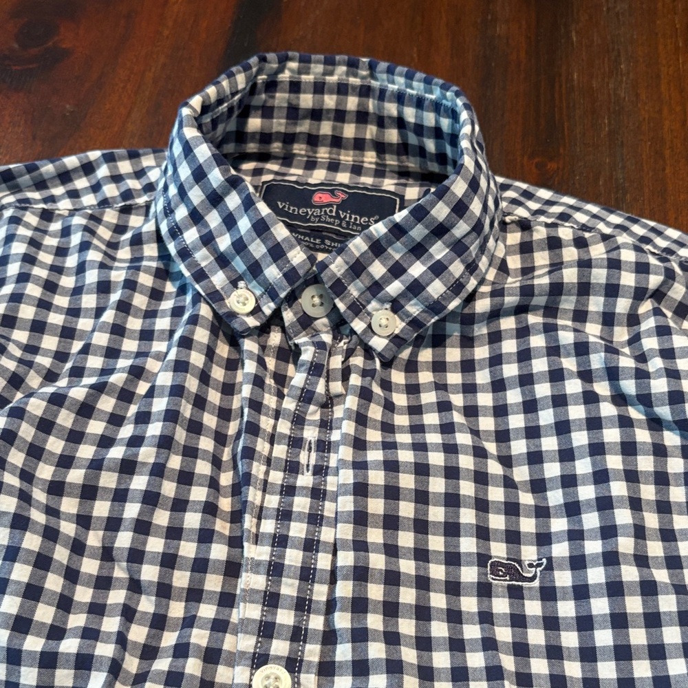 Vineyard Vines Boy’s Navy and White Plaid Shirt